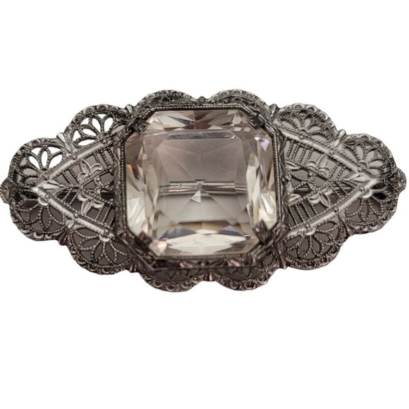 Silver Tone Rhodium Plated Art Deco Clear Rhinestone Filigree Brooch Pin E199 - Picture 9 of 9
